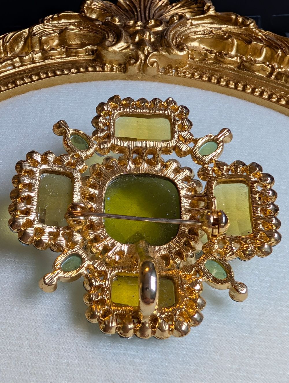 Gold Blue Rhinestone Statement Brooch Large Green Glass Cabochon Pin Glam Gift - Picture 3 of 7